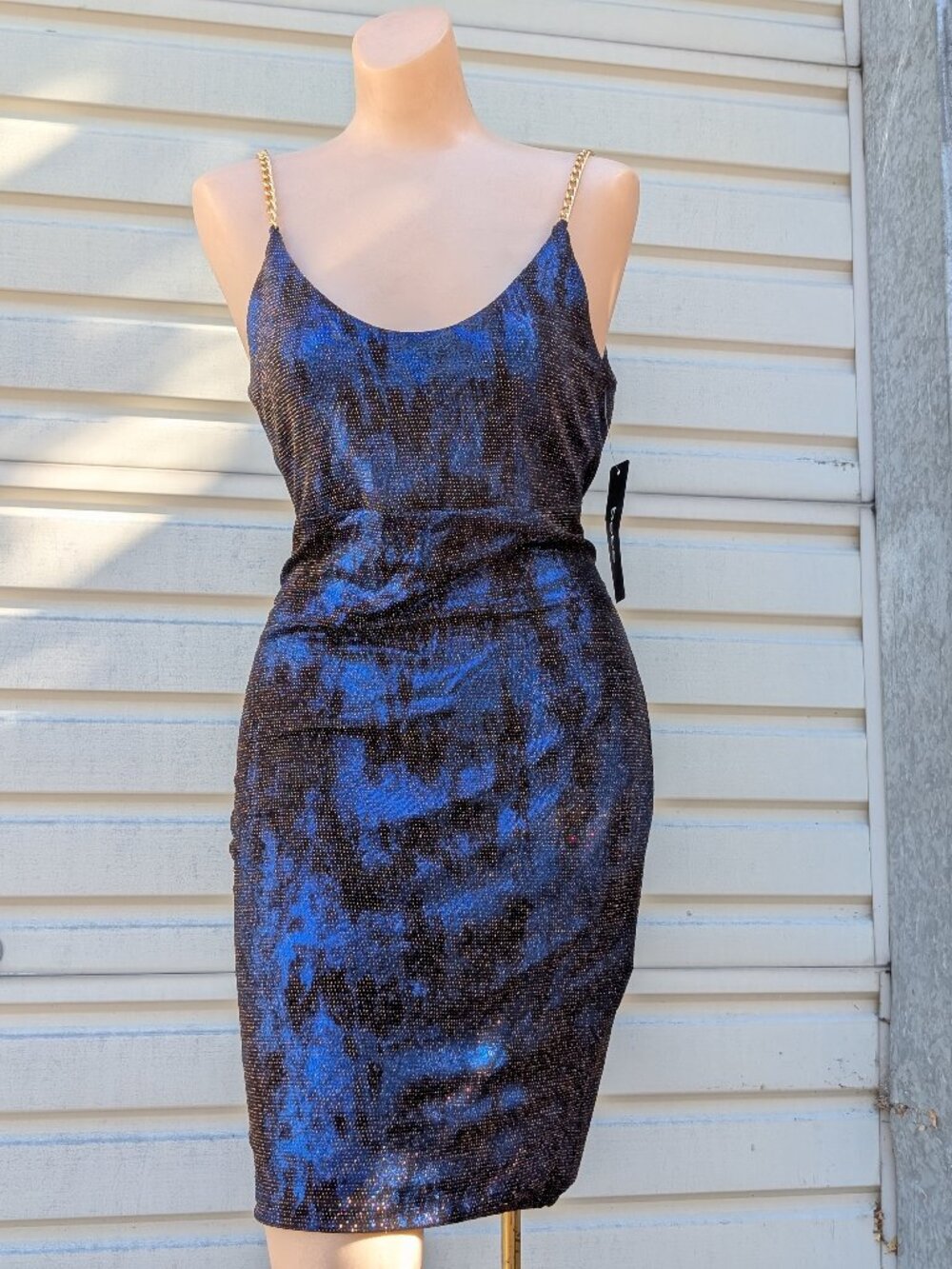 Bebe Dress Women’s 8 Low Back Blue Black Metallic Gold Chain Y2K Party Going Out
